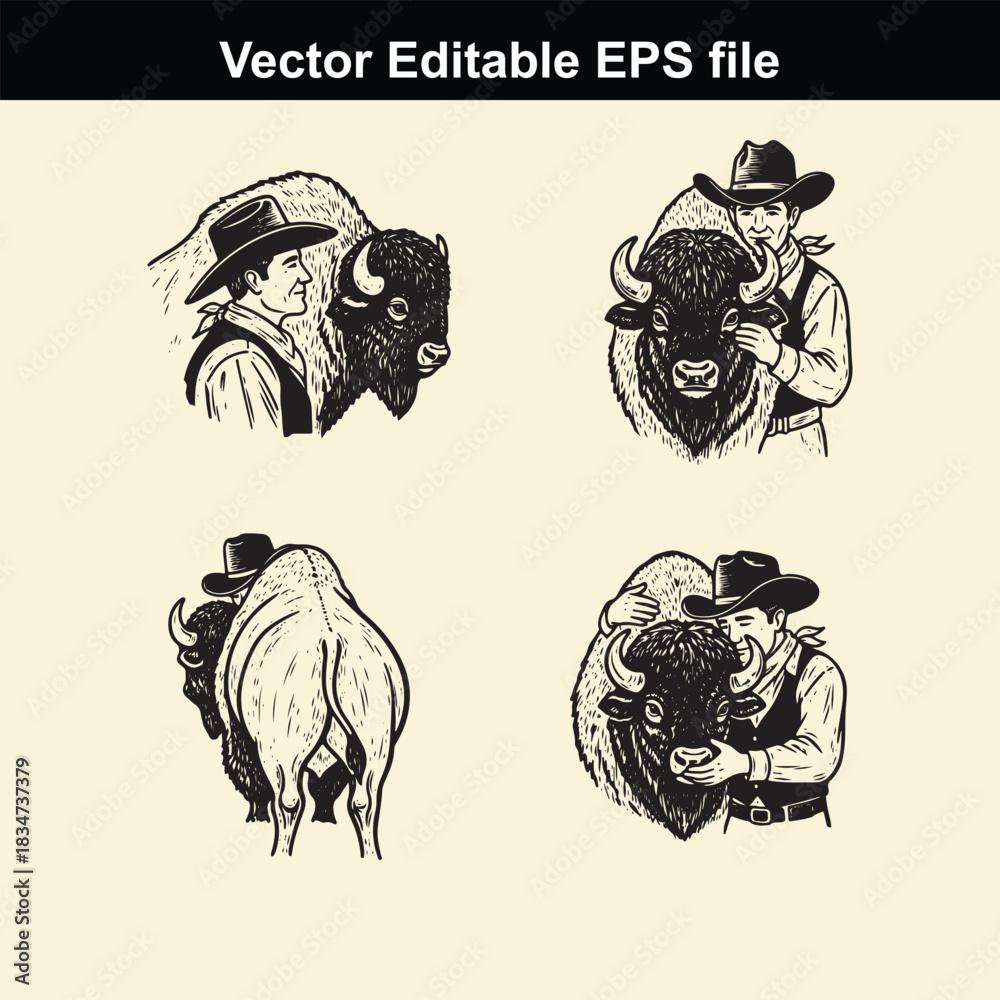 Obraz premium collection of four vintage style vector illustrations depicting cowboys interacting affectionately with american bison or buffalo in various poses and closeups