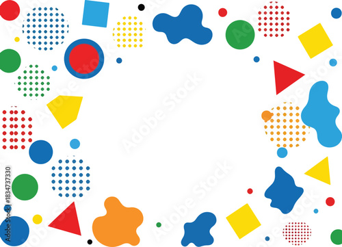 Abstract border of colorful geometric shapes splatters and dots on white background