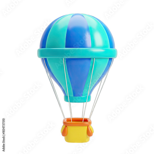 Vibrant 3D Rendered Hot Air Balloon With Blue And Teal Stripes And Yellow Basket Isolated On A Clean White Background With Soft Studio Lighting