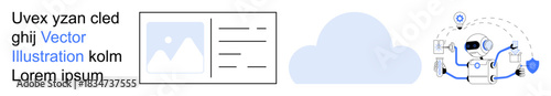 Cloud technology, AI systems, identity verification, robotics, digital data, security solutions. Visual of a credit card, cloud icon robot connecting with data points. Cloud technology and AI