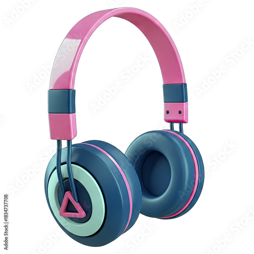 Vibrant Pink and Navy Blue Headphones with Teal Accents Featuring a Geometric Design Isolated on a Clean White Background Representing Modern Audio Technology and Stylish Accessories