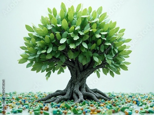 A stylized miniature tree with lush green leaves and gnarled roots stands on a bed of colorful fragmented pieces.