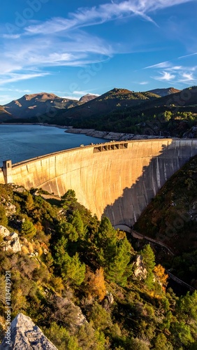Large concrete dam spans a gorge, overlooking a vast, shimmering lake