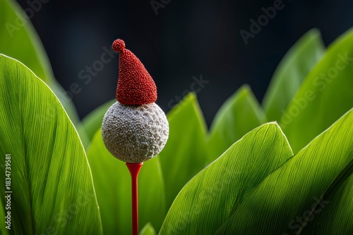 Macro shot of a textured seed pod with a red cap surrounded by vibrant green leaves