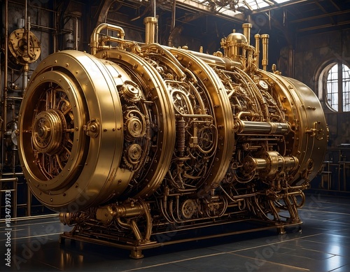 Large, golden, ornate industrial machine, in a steampunk style, detail rich