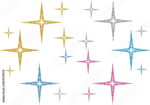 Assortment of fourpointed sparkling glitter stars in gold silver blue and pink on white