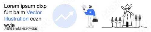 Business growth, sustainability, clean energy, renewable resources, ecological progress, professional success. Professional figure holding a lightbulb and chart with windmill background. Business