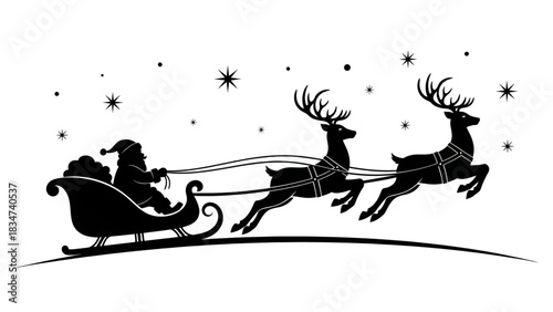 Christmas artwork with a classic sleigh silhouette showing santa guiding reindeer across a star filled sky creating a festive winter scene formed by clean black line shapes for seasonal holiday visual