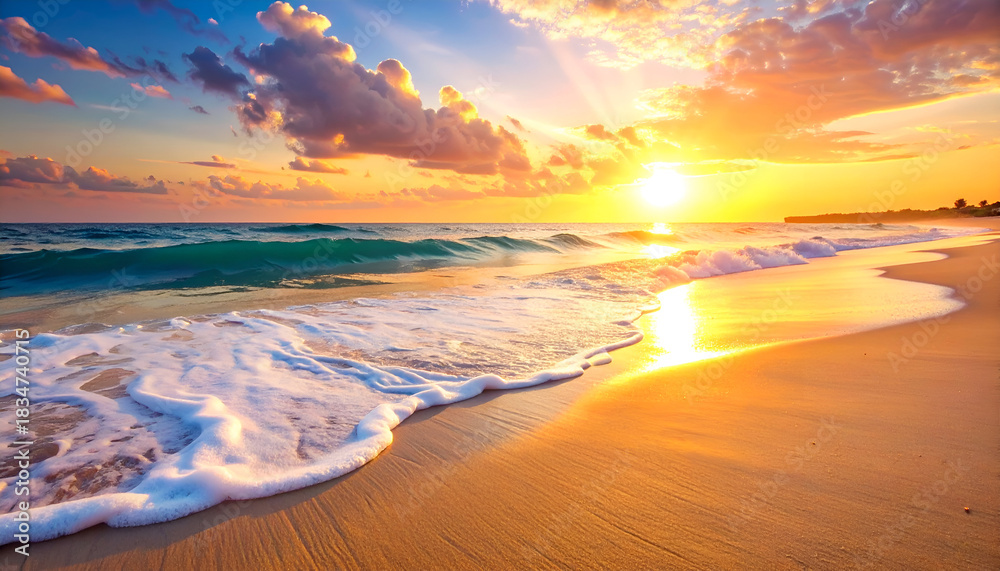 Fototapeta premium Sunset beach horizon with warm glowing sky and gentle waves, peaceful vacation atmosphere