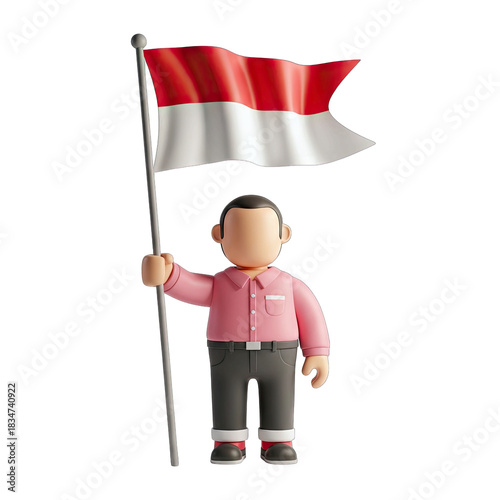 Cartoon Figure Holding Indonesian Flag On A White Background Holding A Flagpole With Red And White Indonesian Flag Waving In The Air