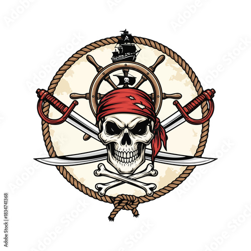 Pirate skull, crossed swords, ship wheel, marine graphic design