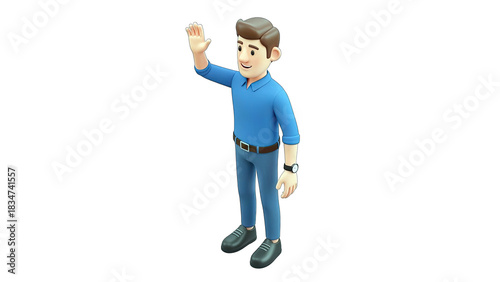 Friendly 3D Cartoon Man in Blue Shirt and Jeans Waving Hello with Transparent Background