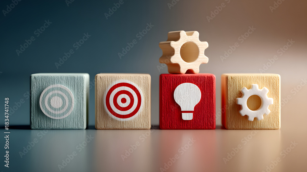 Obraz premium Stacked Wooden Blocks with Icons of a Target, Light Bulb, and Gear on Gradient Background