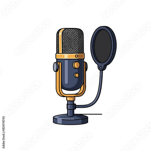 Illustration of a professional microphone with a pop filter, ready for recording audio.