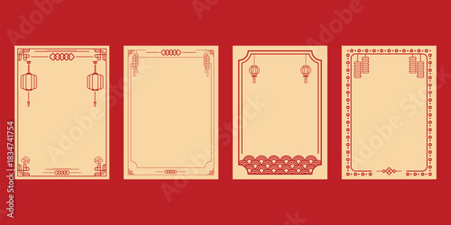 Chinese New Year poster set card template design with frame, lantern, cloud, wave, firework in red line art and Oriental illustration