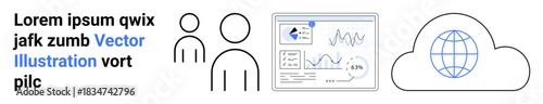 Data visualization, cloud computing, teamwork, digital transformation, technology integration, global analytics. Features users, graphs and a globe in a cloud. Data visualization and cloud computing