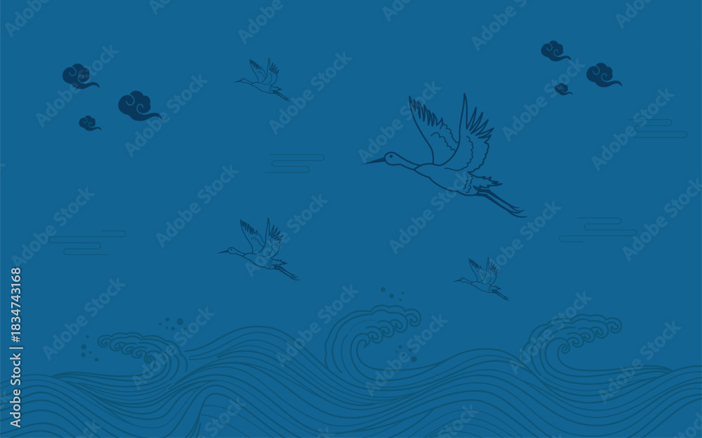 Obraz premium Simple Chinese Japanese Style Crane blue Background