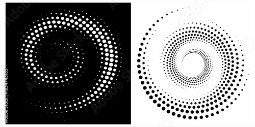 Modern abstract background. Halftone dots in circle form. Spiral logo, icon or design element. Black dots on a white background and white dots on the black side.