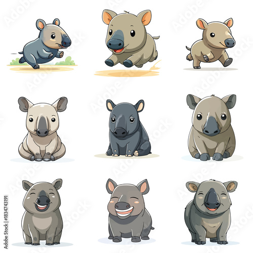Set Cute Kawaii Tapir Wild Animal