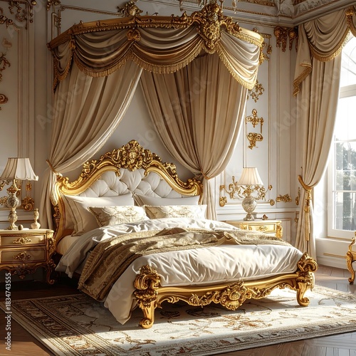 Luxurious bedroom with golden details, bed, and decorative elements