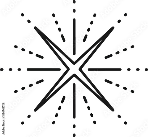Black line art of an eightpointed starburst with radiating dashed lines