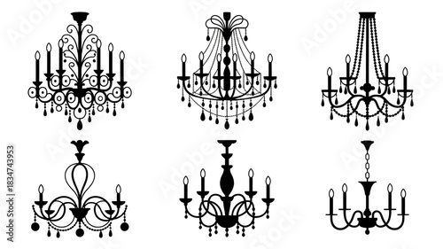 A black and white illustration of six elegant chandeliers arranged in two rows of three