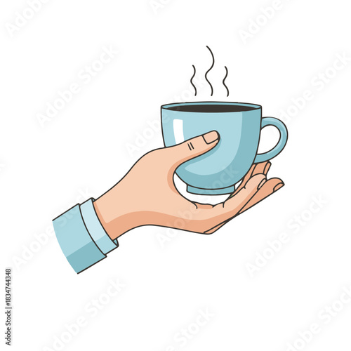 A hand holding a steaming blue coffee cup, offering a warm drink.
