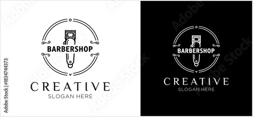 Two versions of a barbershop logo featuring a razor and comb inside a decorative circle, with "Creative" text.