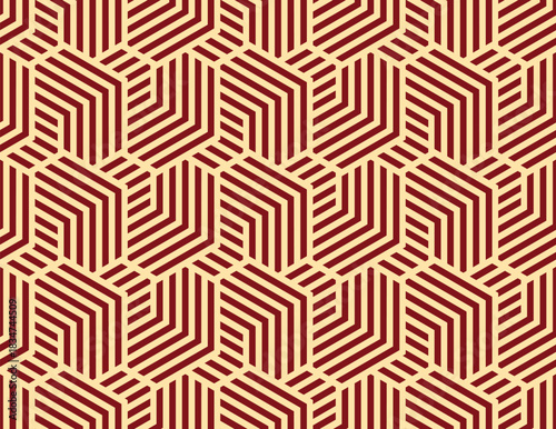 Abstract geometric pattern with stripes, lines. Seamless vector background. Golden and red ornament. Simple lattice graphic design