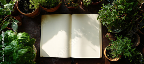 Wallpaper Mural Open notebook surrounded by various green plants in a cozy setting Torontodigital.ca