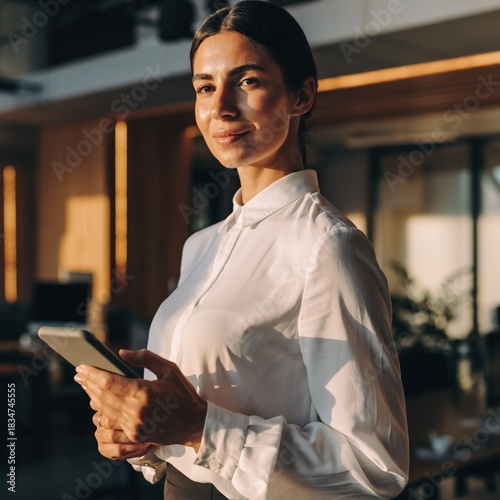 Confident businesswoman in white shirt holding tablet in modern office.