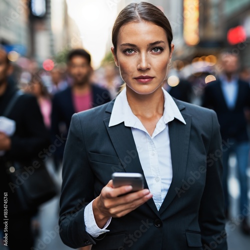 Confident Businesswoman Navigating Urban Environment with Smartphone.