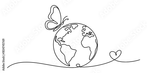 Continuous one line drawing of a butterfly on a world globe with a heart, symbolizing environmental protection, love, and global care. Vector, illustration