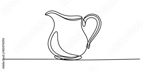 Continuous line art drawing of an elegant kitchen pitcher or jug, perfect for beverage concepts, fluid dynamics, and modern design aesthetics. Vector, illustration