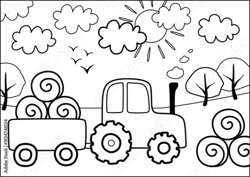 Black and white tractor with trailer carries hay in rolls. Coloring book for kids. 