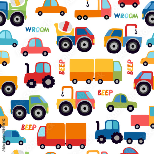 Colorful pattern with bright cars, trucks, cranes, concrete mixers, tractors, lettering "beep" and "wroom".  Seamless design. 