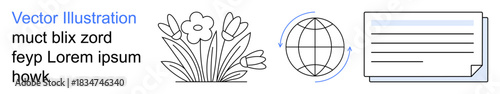 Nature, global communication, document management, environmental awareness, education, branding. A floral design, a globe and a document icon. Nature and global communication concepts