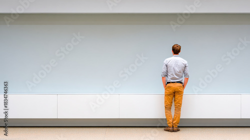 Young man facing blank gallery wall with pessimistic outlook in quiet modern space