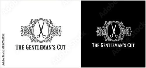 A barber shop logo design featuring scissors within an ornate oval frame, with text.