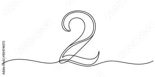 Continuous line drawing of the number two, an elegant minimalist black outline design on a clean white background, representing second place or quantity. Vector, illustration