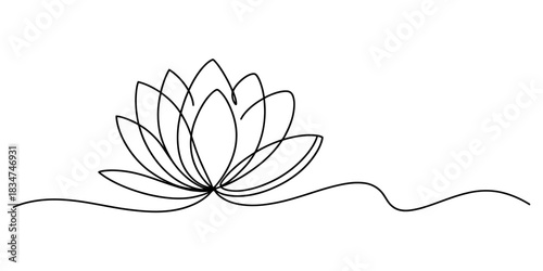 Minimalist continuous line art drawing of a lotus flower, symbolizing purity, peace, and spiritual awakening on a clean white backdrop. Vector, illustration