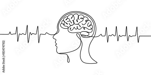 Continuous line drawing of human head profile with brain and dynamic ecg heartbeat pulse line, symbolizing intelligence, mental health. Vector, illustration