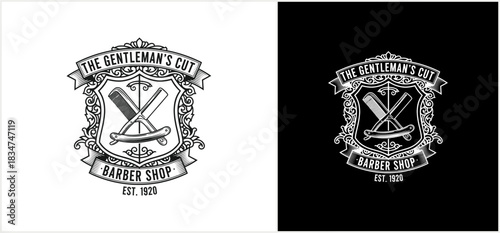 A classic monochrome barber shop emblem featuring crossed straight razors within an ornate shield, displaying 'The Gentleman's Cut Barber Shop Est. 1970' in ...