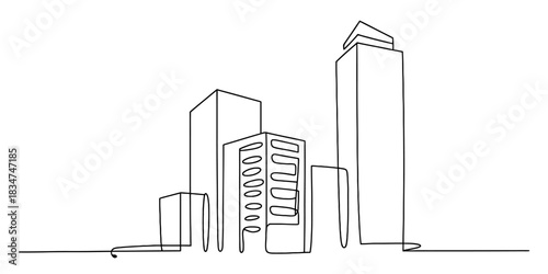 Continuous line drawing of a modern city skyline with diverse skyscrapers and urban architecture representing growth and development. Vector, illustration
