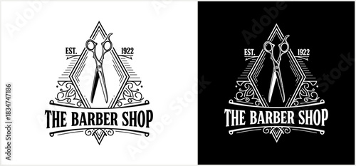 A vintage barber shop logo featuring scissors, decorative elements, and text on contrasting backgrounds.