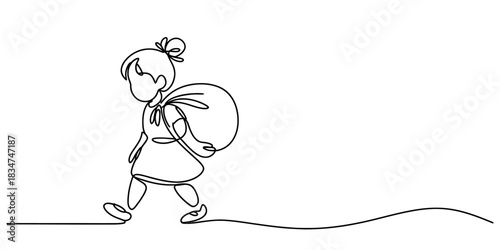 Continuous one line drawing of a small girl carrying a big sack on her back, walking along a path with dedication and determination. Vector, illustration