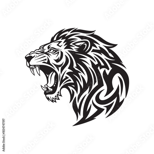 Fierce tribal lion head tattoo design, roaring animal mascot illustration
