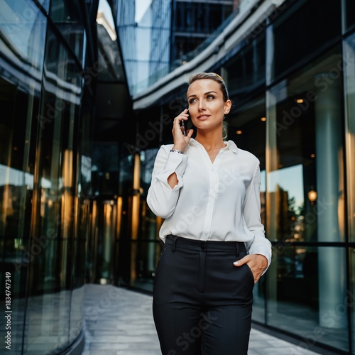 Confident Businesswoman Talking on Smartphone Outside Modern Office Building.