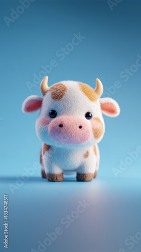 Adorable furry baby cow standing on a blue minimal background 3D render