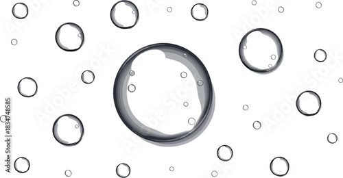 Collection of Dynamic Water Bubbles Floating on a Clear Surface with Glossy Reflections and Transparent Shadows Isolated on a White Background Vector Illustration.